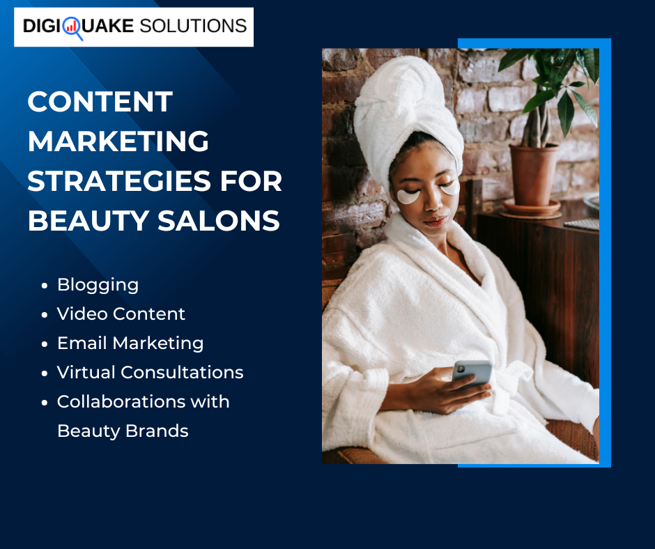 A woman in a bathrobe with a towel on her head and eye patches is looking at her phone, next to text about content marketing strategies for beauty salons.