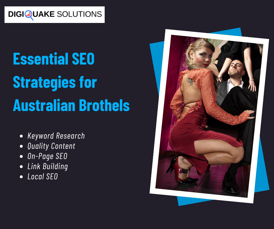 "Essential SEO Strategies for Australian Brothels" - A promotional graphic by Digiquake Solutions featuring a woman in a red dress and lace top kneeling in front of a man in a suit.