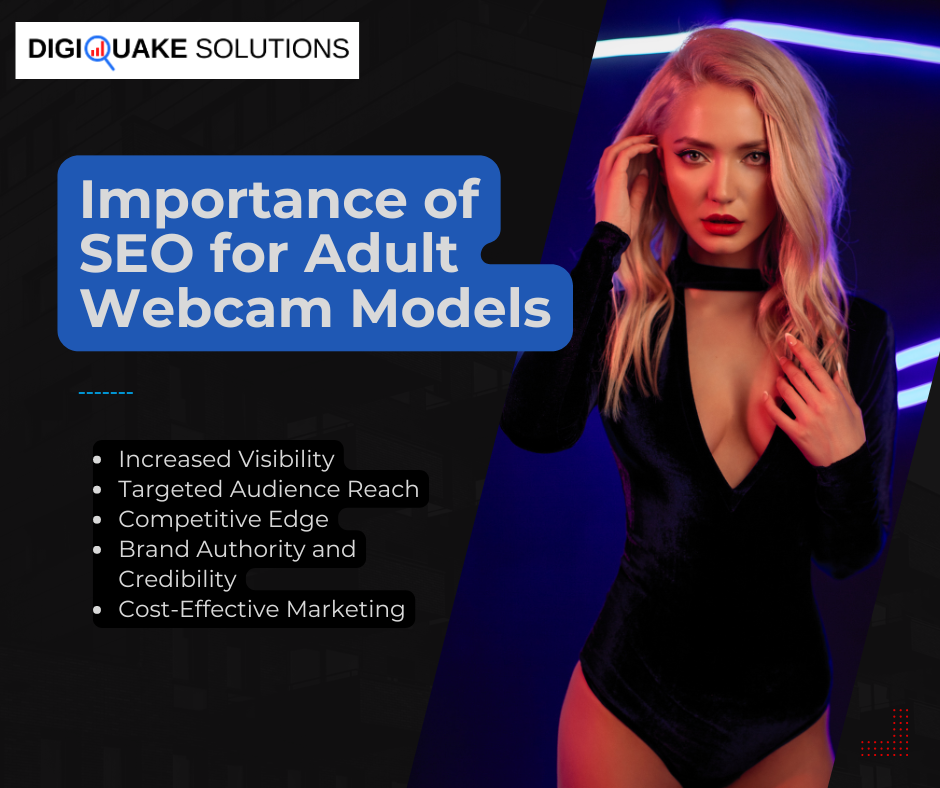 A promotional image from DigiQuake Solutions emphasizing the importance of SEO for adult webcam models. The image features a glamorous woman in a black outfit, with key points listed in a text box.