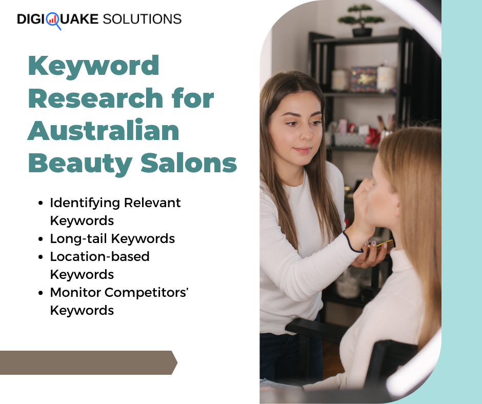 A graphic with the title "Keyword Research for Australian Beauty Salons" and a list of bullet points on the left side, accompanied by an image of a makeup artist applying makeup to a client on the right side.