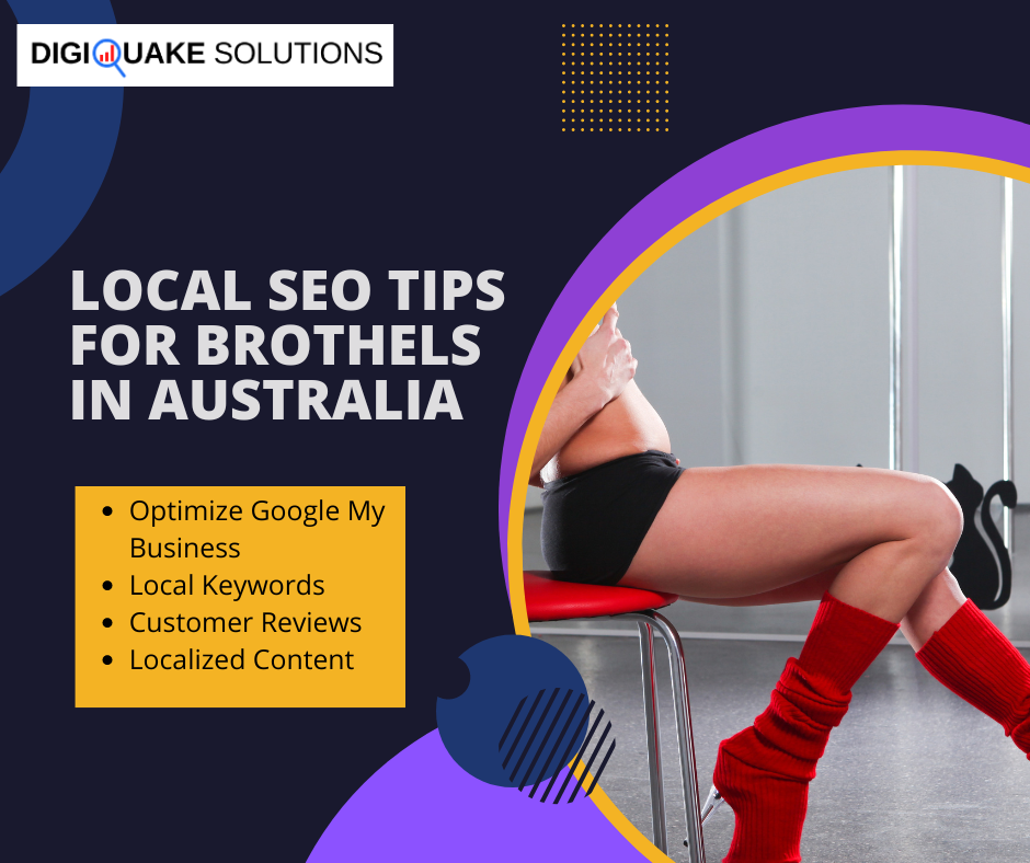 A marketing graphic by DigiQuake Solutions titled 'Local SEO Tips for Brothels in Australia' featuring a woman sitting on a red chair, wearing red leg warmers and black shorts.