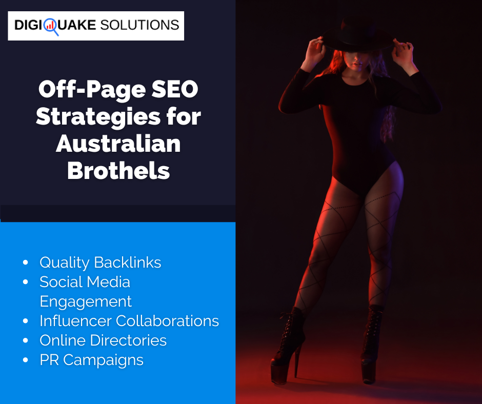 Digiquake Solutions Off-Page SEO Strategies for Australian Brothels. A person wearing a black outfit and high heels stands against a dark background.