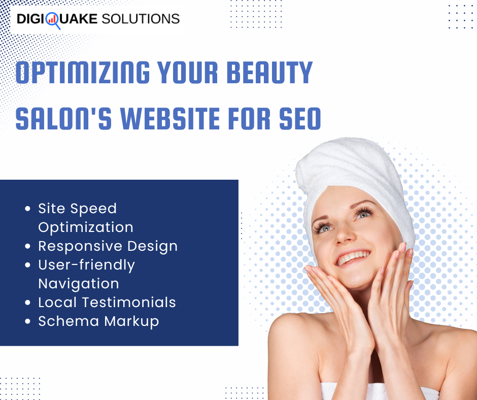 A promotional image for DigiQuake Solutions titled "Optimizing Your Beauty Salon's Website for SEO". The image features a smiling woman with a towel wrapped around her head, highlighting key SEO strategies.