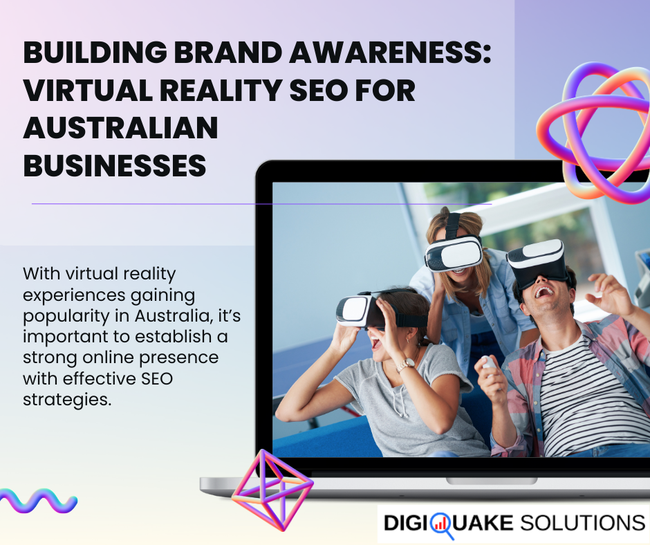 Three people wearing virtual reality headsets, laughing and pointing while seated, with a laptop screen framing the image. Text overlay reads 'Building Brand Awareness: Virtual Reality SEO for Australian Businesses.