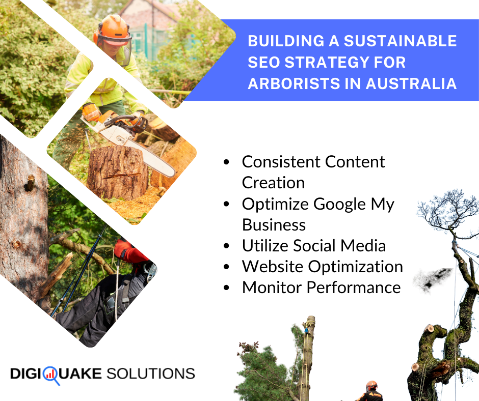 Collage of arborists performing tree services with the title 'Building a Sustainable SEO Strategy for Arborists in Australia' alongside a list of SEO strategies.