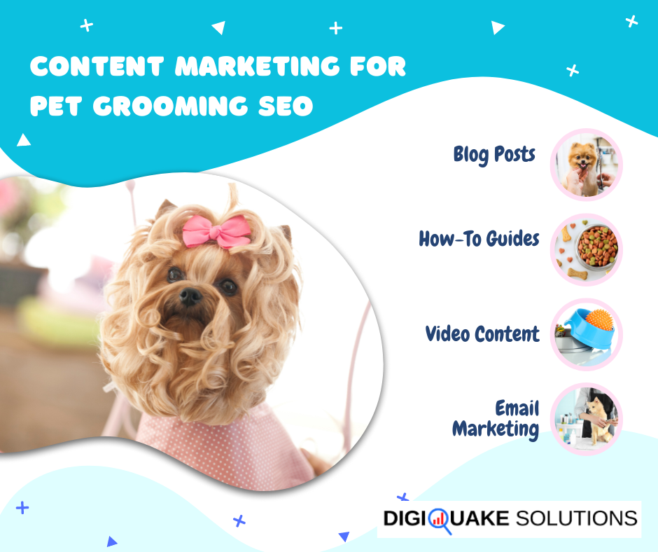 Image of a well-groomed dog with a pink bow, accompanied by the title 'Content Marketing for Pet Grooming SEO' and a list of content marketing strategies.