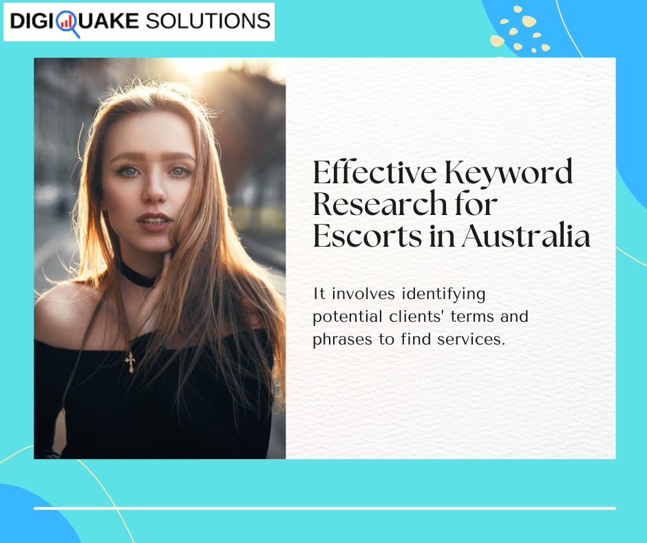 Young woman with long blonde hair wearing a black top, standing outdoors with a blurred background. Text on the right side reads 'Effective Keyword Research for Escorts in Australia.'