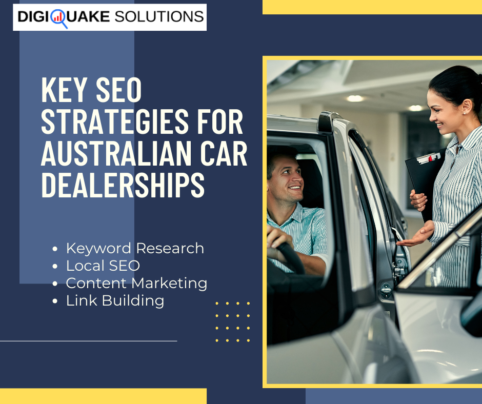 Key SEO Strategies for Australian Car Dealerships - DigiQuake Solutions - Keyword Research, Local SEO, Content Marketing, Link Building. Image of a female salesperson smiling and talking to a male customer sitting inside a car.