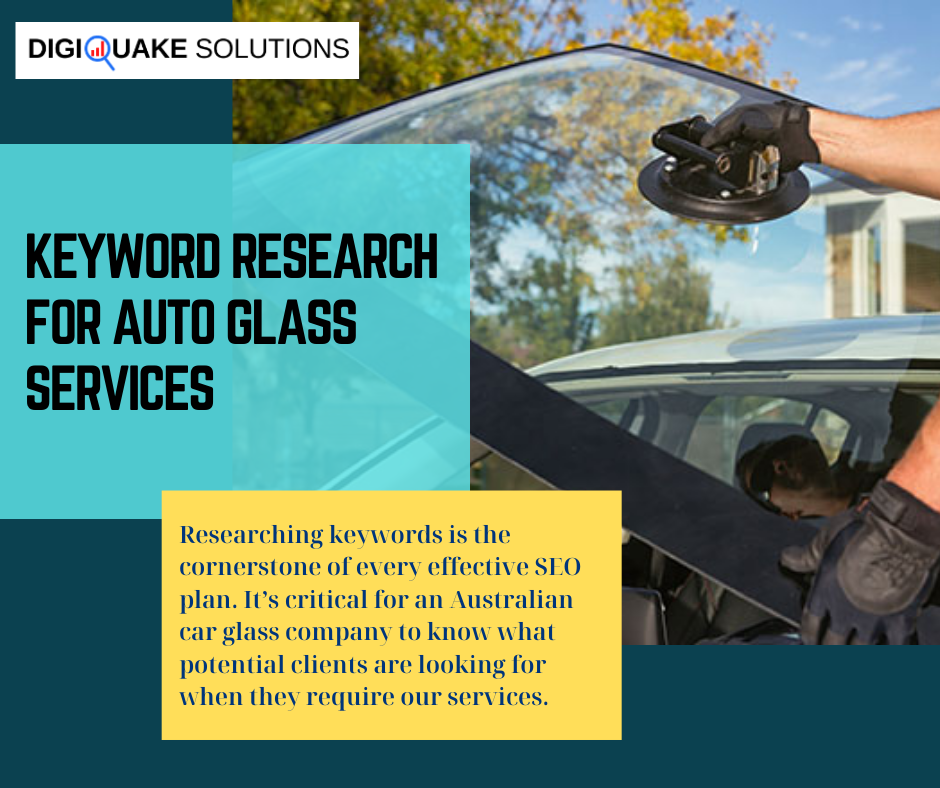 A promotional graphic by DigiQuake Solutions, featuring an image of a worker installing an auto glass windshield. The text reads, Keyword Research for Auto Glass Services.