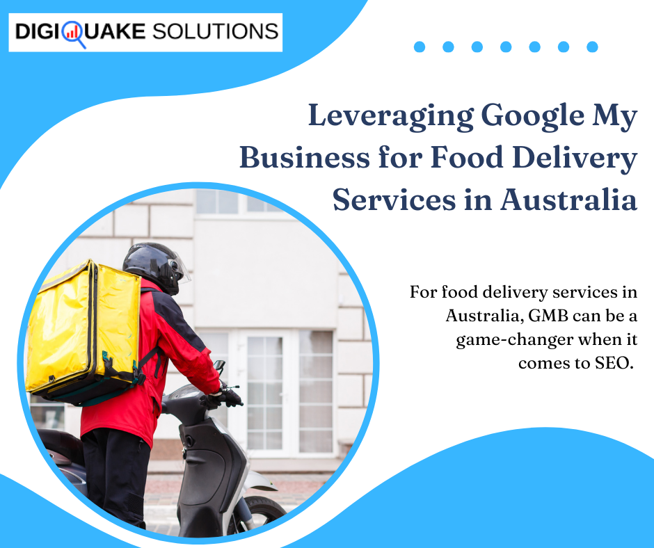 Food delivery rider wearing a helmet and red jacket with a yellow delivery backpack, sitting on a scooter. Text reads 'Leveraging Google My Business for Food Delivery Services in Australia.