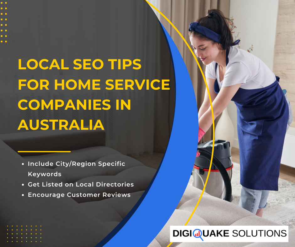 A woman wearing an apron and gloves vacuuming a couch in a living room. The text on the image reads, "Local SEO Tips for Home Service Companies in Australia".