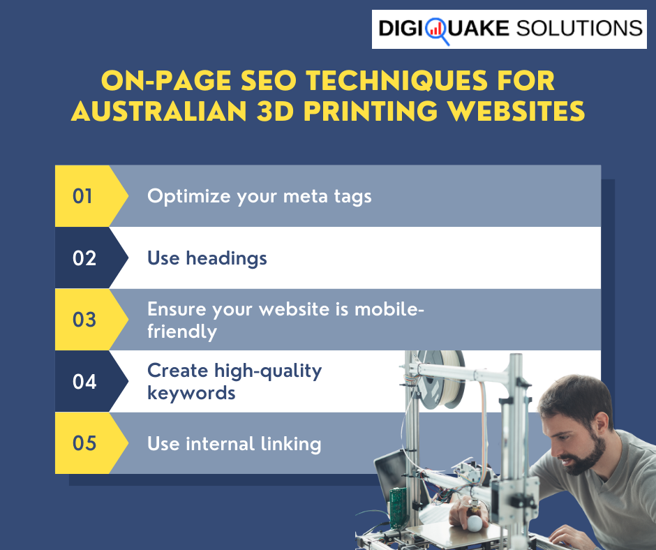 On-Page SEO Techniques for Australian 3D Printing Websites infographic, featuring five tips with a man working on a 3D printer in the bottom right corner.