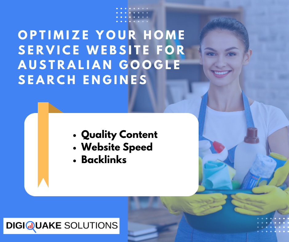 A smiling woman in cleaning gear holding a bucket filled with cleaning supplies. The text on the image reads, "Optimize Your Home Service Website for Australian Google Search Engines".