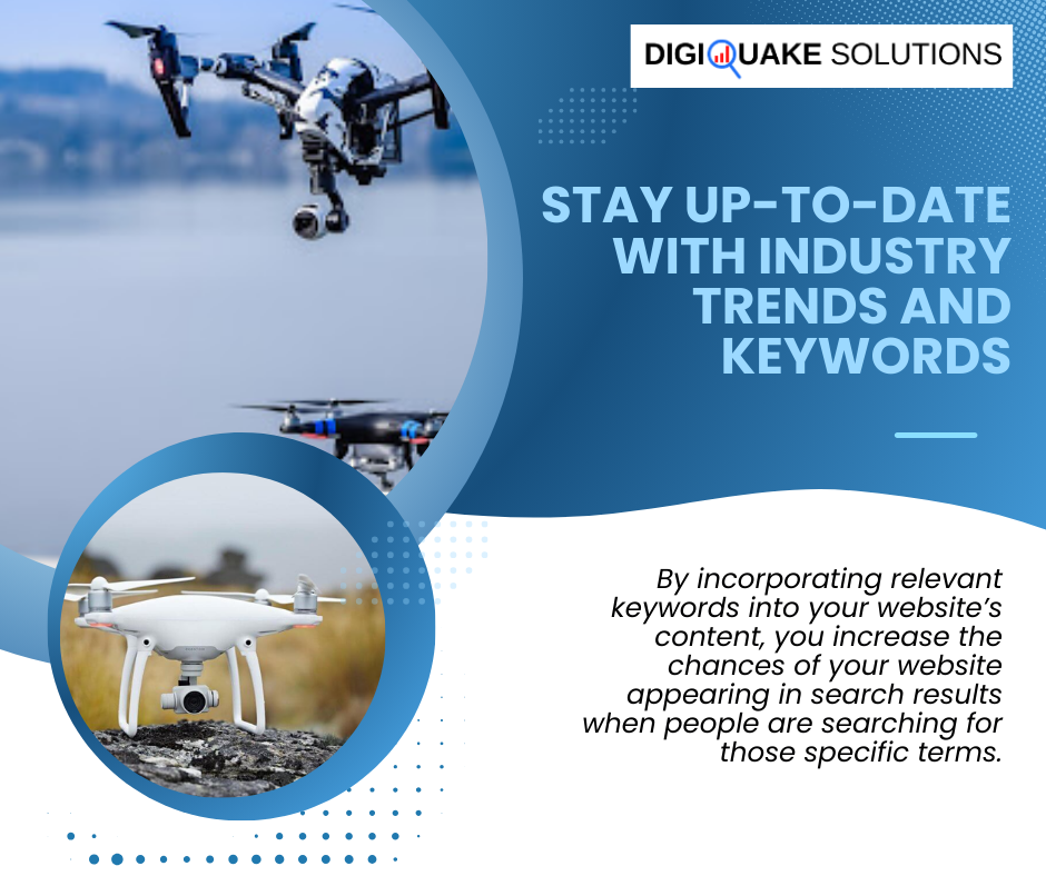 DigiQuake Solutions advertisement emphasizing the importance of staying up-to-date with industry trends and keywords.