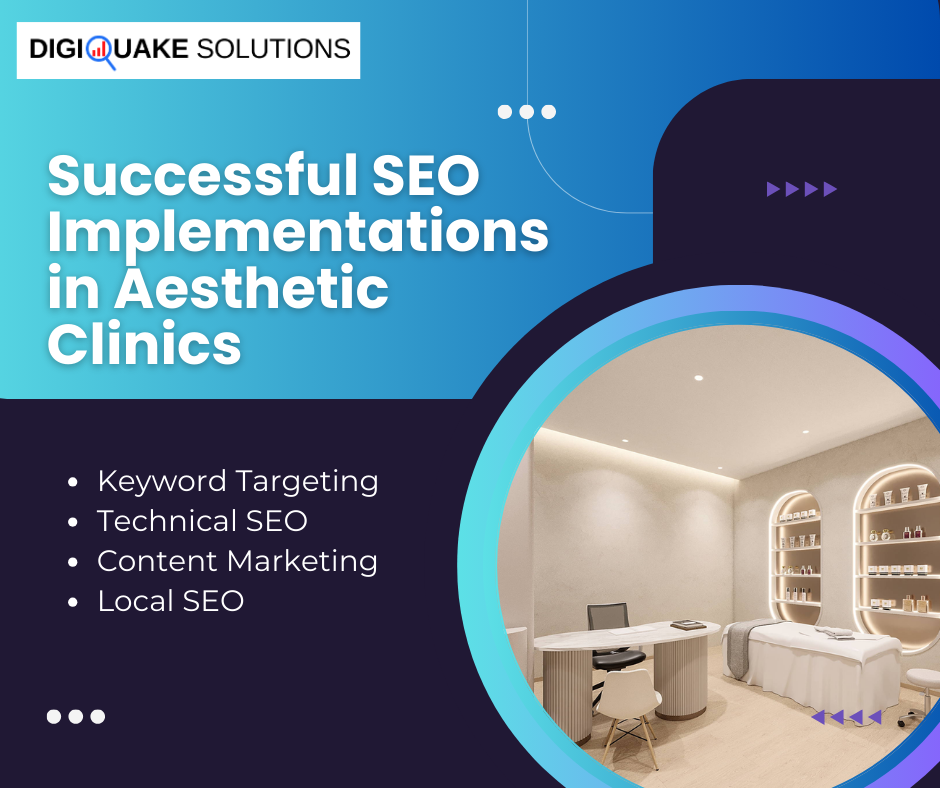 DigiQuake Solutions advertisement for successful SEO implementations in aesthetic clinics.