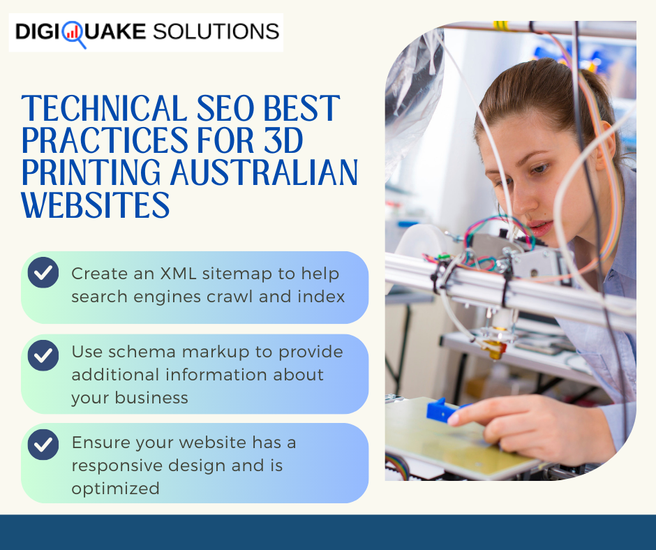 A promotional graphic outlining technical SEO best practices for 3D printing websites in Australia. It features a woman working with a 3D printer alongside a list of SEO tips.