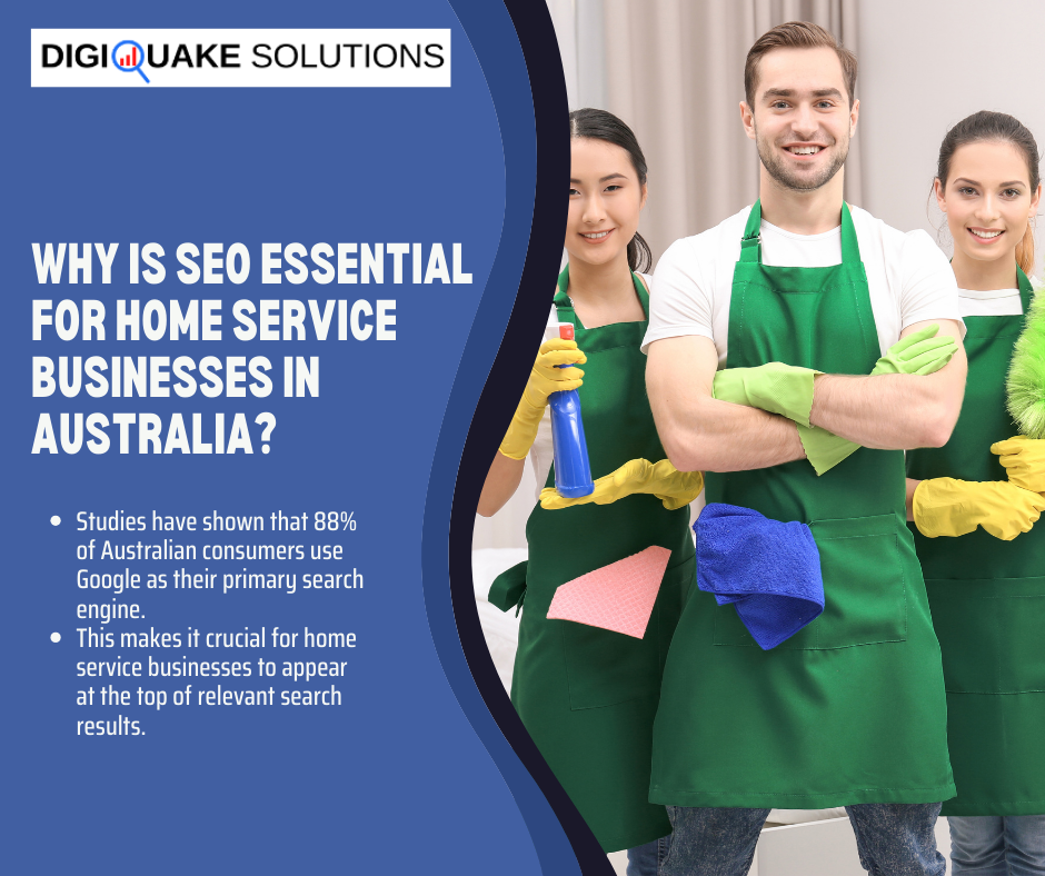 A group of three professional cleaners in green aprons and gloves smiling confidently while holding cleaning supplies. The text beside them reads: "Why is SEO essential for home service businesses in Australia?"