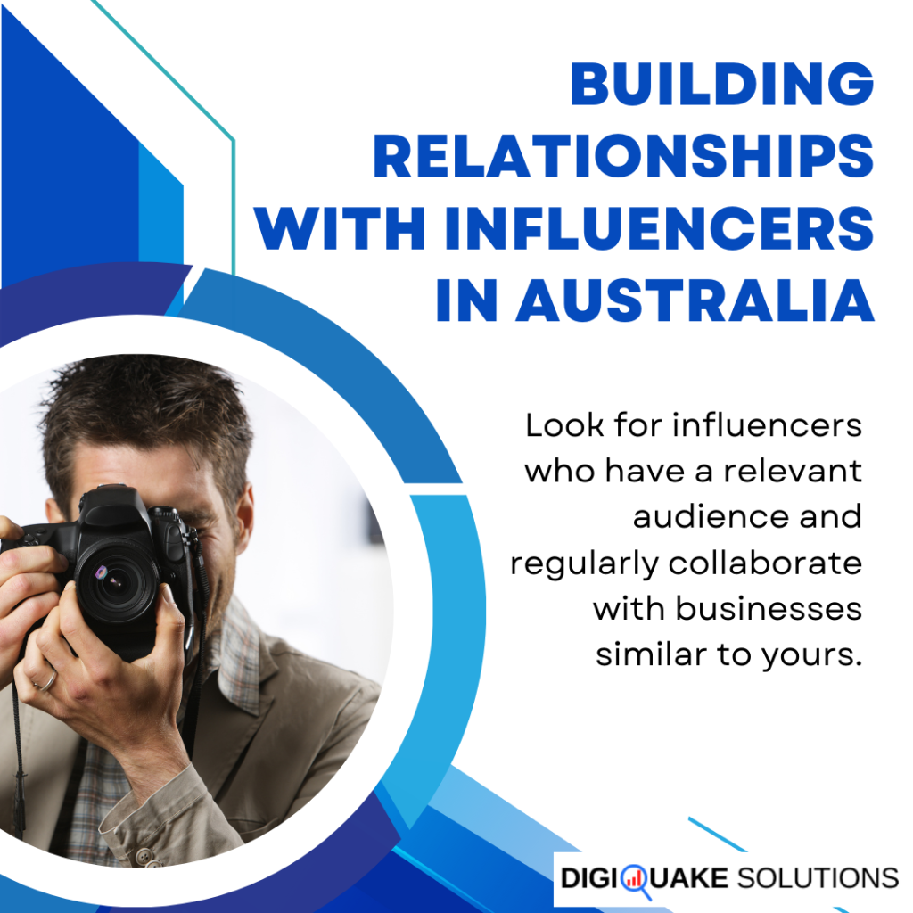 The image includes text about building relationships with influencers in Australia, highlighting the importance of finding influencers with relevant audiences who collaborate with similar businesses.