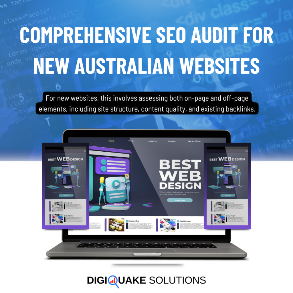 A graphic promoting a "Comprehensive SEO Audit for New Australian Websites" by DigiQuake Solutions.