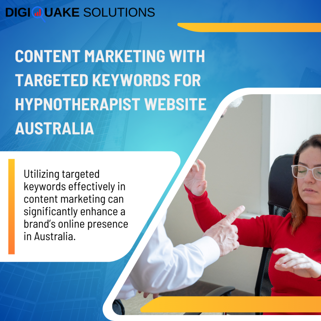 The text on the image reads, "Content Marketing with Targeted Keywords for Hypnotherapist Website Australia," with a subheading emphasizing the importance of utilizing targeted keywords effectively in content marketing to enhance a brand’s online presence in Australia.