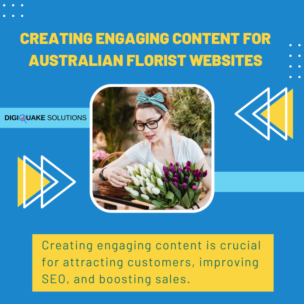 Young florist arranging tulips with the text 'Creating Engaging Content for Australian Florist Websites' alongside logos and design elements.