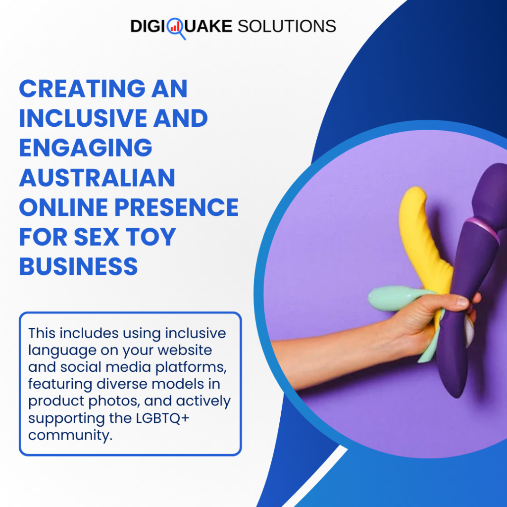 The text on the left reads, "Creating an Inclusive and Engaging Australian Online Presence for Sex Toy Business," followed by a note on using inclusive language and diverse representation.