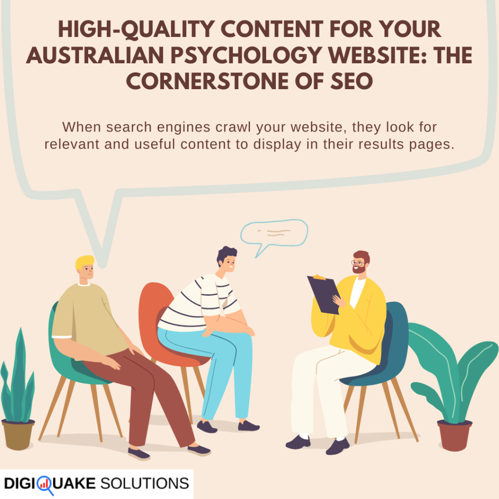 A digital graphic titled "High-Quality Content for Your Australian Psychology Website: The Cornerstone of SEO" featuring an illustration of two people speaking with a psychologist.