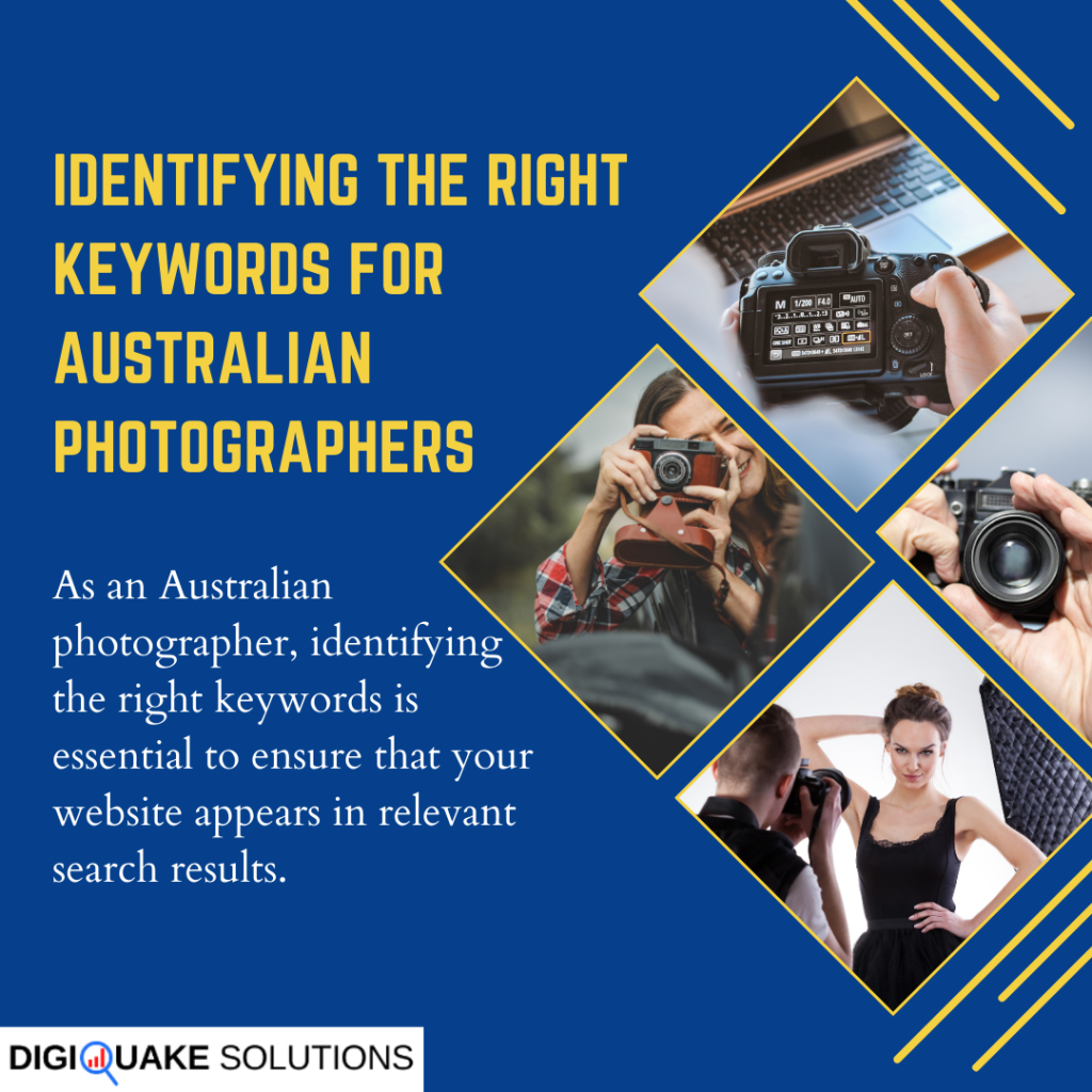 A digital graphic titled "Identifying the Right Keywords for Australian Photographers" featuring various images of individuals using cameras.