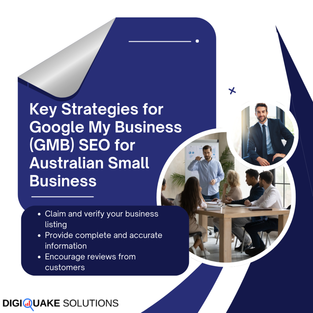 Key Strategies for Google My Business (GMB) SEO for Australian Small Business - infographic by DigiQuake Solutions, featuring business professionals in a meeting and a businessperson in a suit.