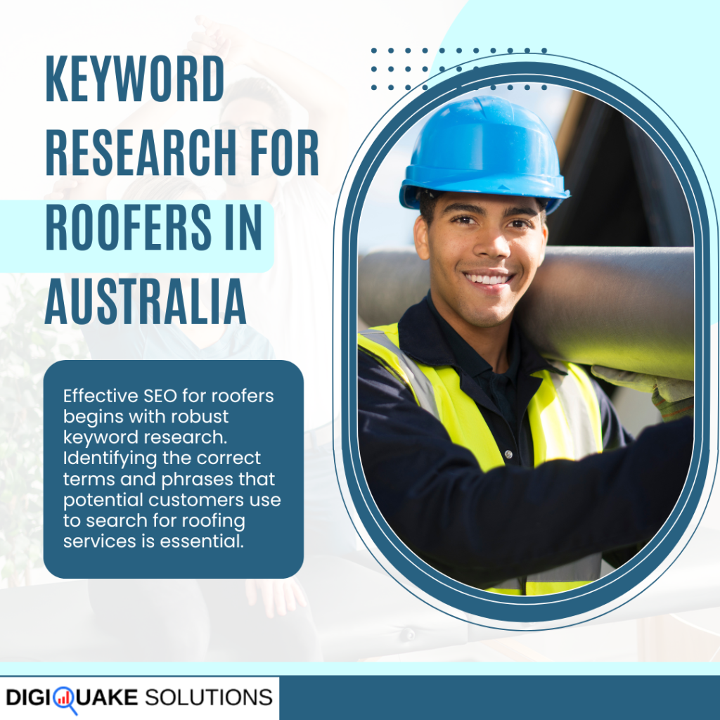 A marketing graphic titled "Keyword Research for Roofers in Australia" featuring a smiling worker in a blue hard hat, wearing a high-visibility vest. The text emphasizes the importance of effective SEO and keyword research for roofing companies. The graphic includes a logo for "DIGIQUAKE SOLUTIONS."