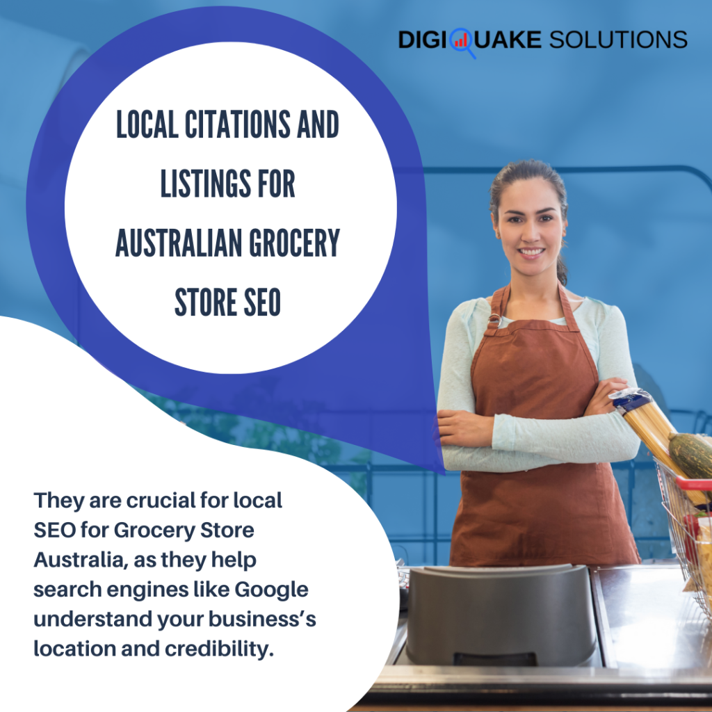 A promotional graphic for "Local Citations and Listings for Australian Grocery Store SEO" by Digiquake Solutions.