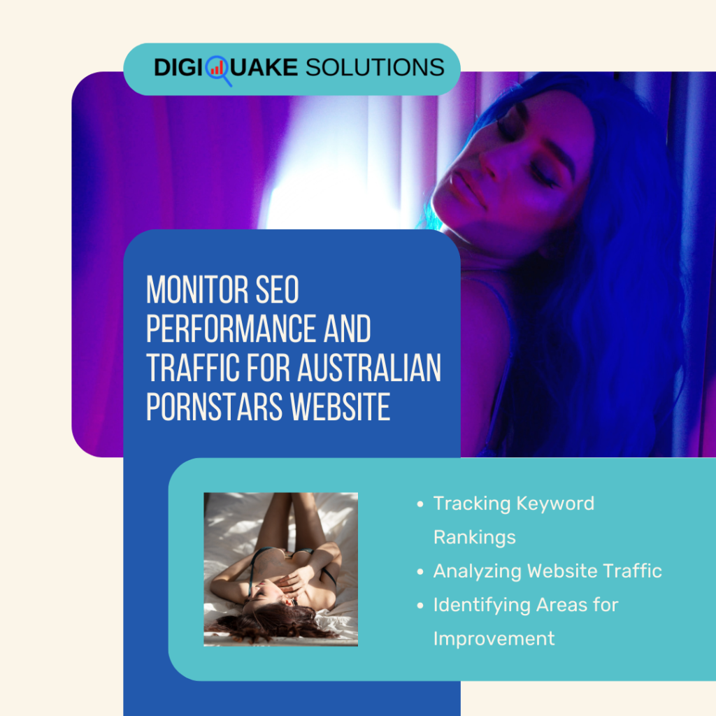 A promotional graphic by DigiQuake Solutions, highlighting their SEO monitoring services for an Australian pornstars website.