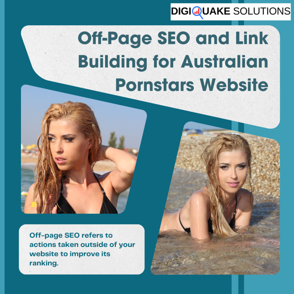 A promotional graphic by DigiQuake Solutions, focusing on off-page SEO and link-building services for an Australian pornstars website.