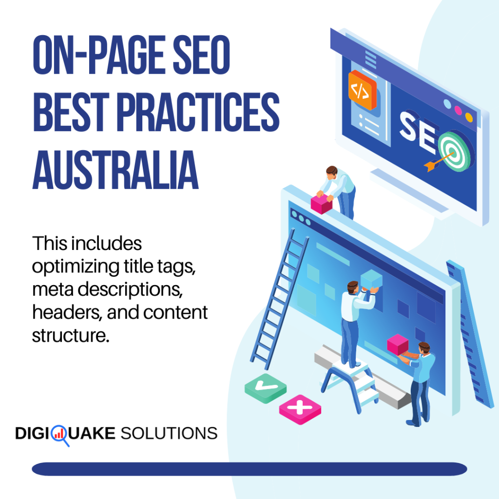 On-page SEO best practices illustration showing people optimizing a website on screens with ladders, blocks, and icons for code, checkmarks, and content organization.