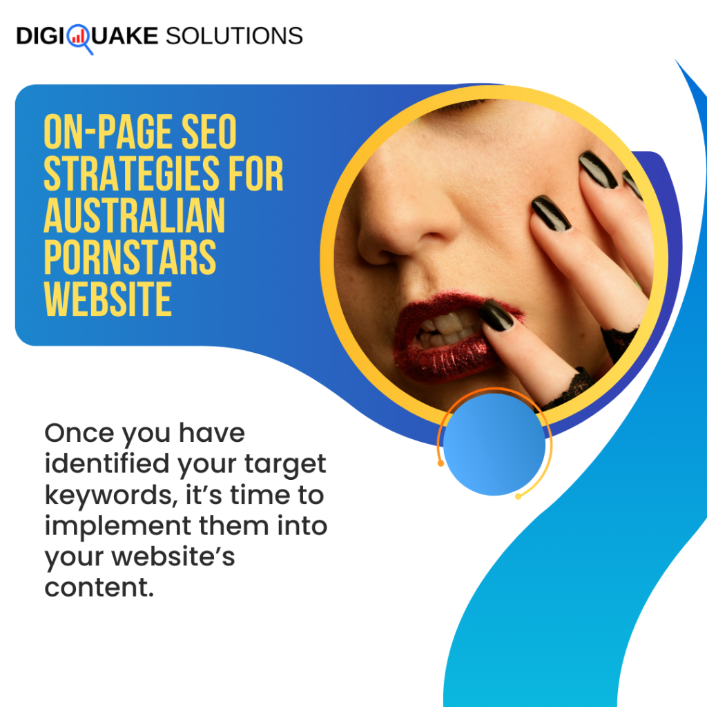 A promotional banner for DigiQuake Solutions titled "On-Page SEO Strategies for Australian Pornstars Website".