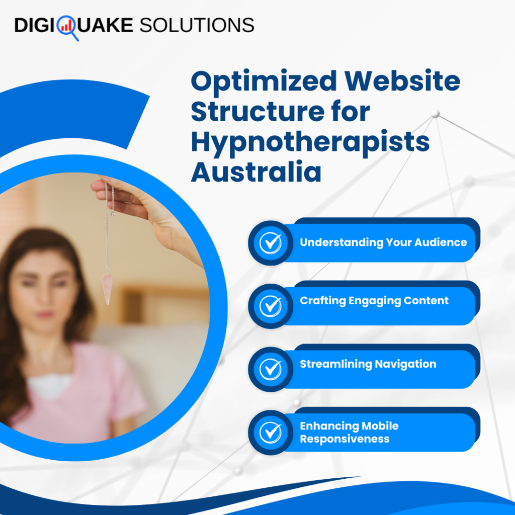 Text to the right outlines strategies for optimizing website structure for hypnotherapists in Australia.