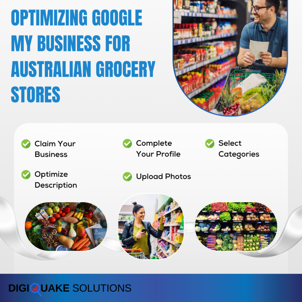 A digital poster titled "Optimizing Google My Business for Australian Grocery Stores" by DigiQuake Solutions.