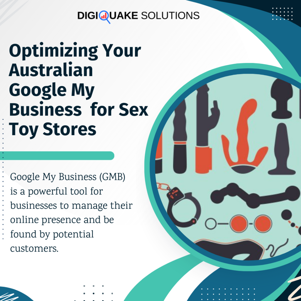 A promotional graphic for DigiQuake Solutions, titled "Optimizing Your Australian Google My Business for Sex Toy Stores," featuring various sex toy illustrations.