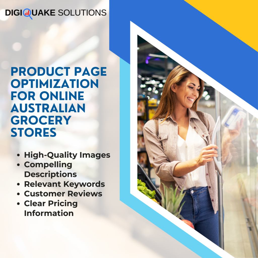 A digital poster titled "Product Page Optimization for Online Australian Grocery Stores" by DigiQuake Solutions.