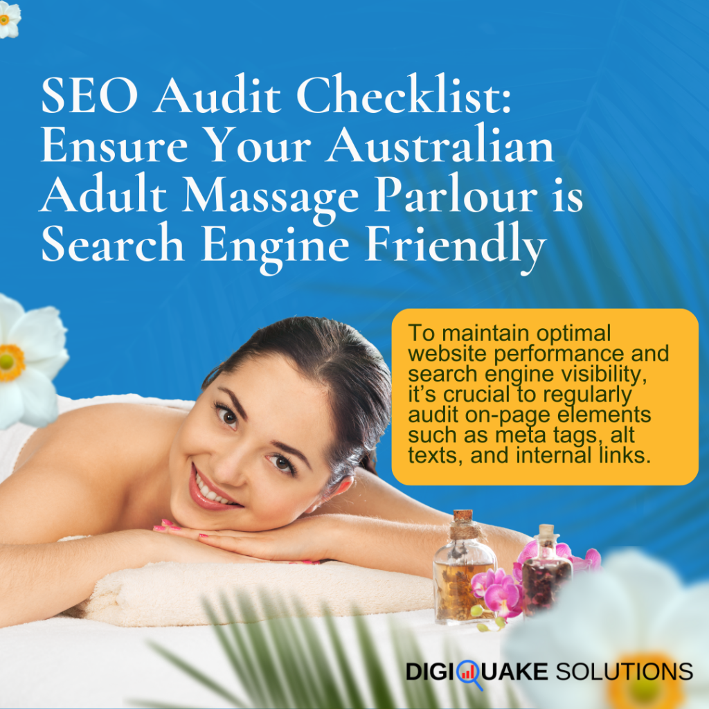 A promotional graphic for DigiQuake Solutions titled "SEO Audit Checklist: Ensure Your Australian Adult Massage Parlour is Search Engine Friendly.