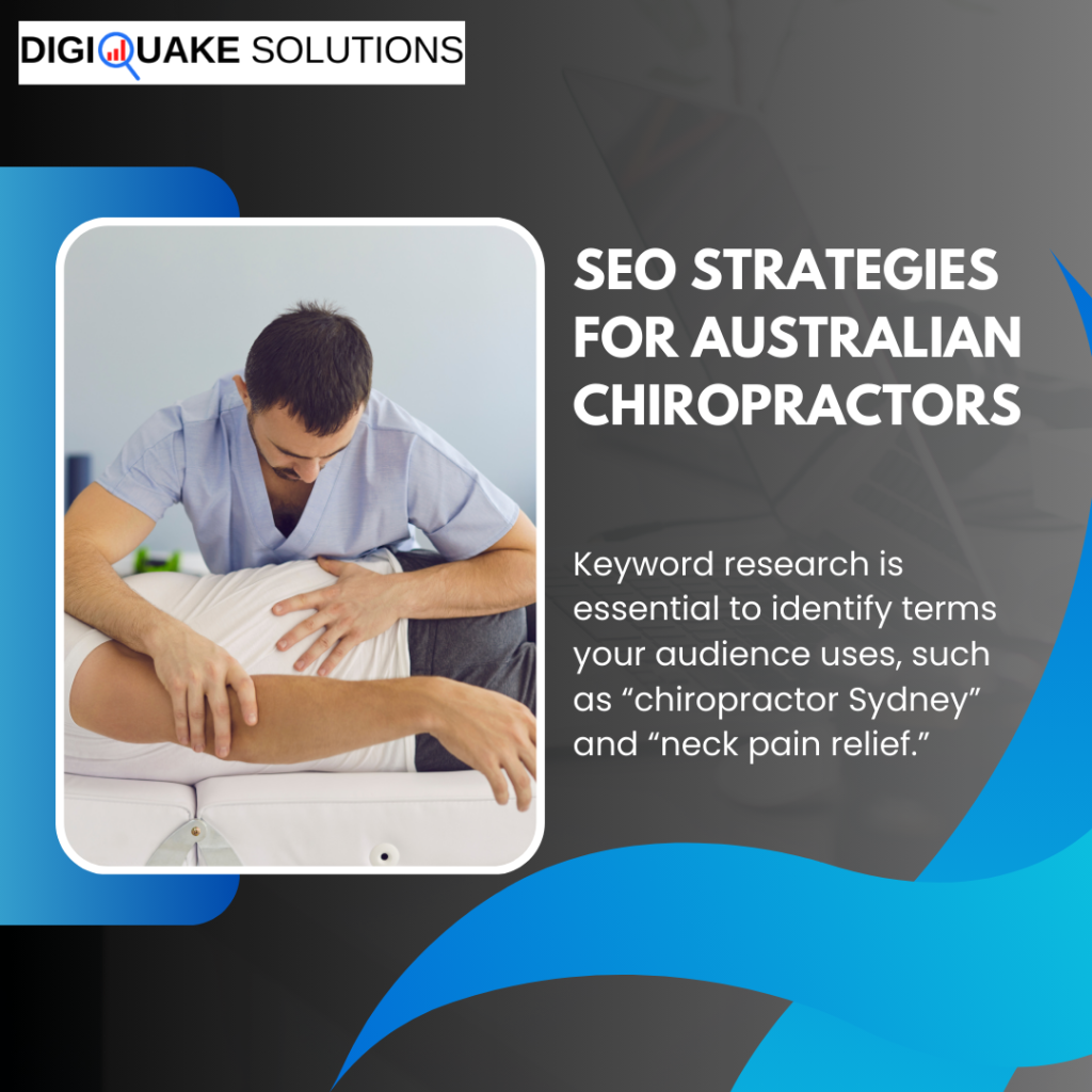 Chiropractor working on a patient with text promoting SEO strategies for Australian chiropractors, highlighting keyword research.