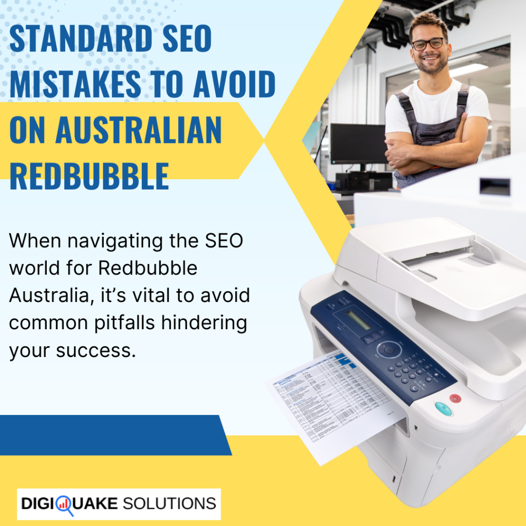 Standard SEO Mistakes to Avoid on Australian Redbubble - A printer machine with documents and a smiling worker in the background.