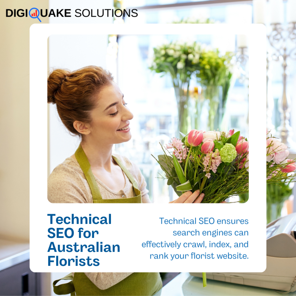 Smiling florist arranging a bouquet of flowers with the text 'Technical SEO for Australian Florists' and a brief description on the right side.