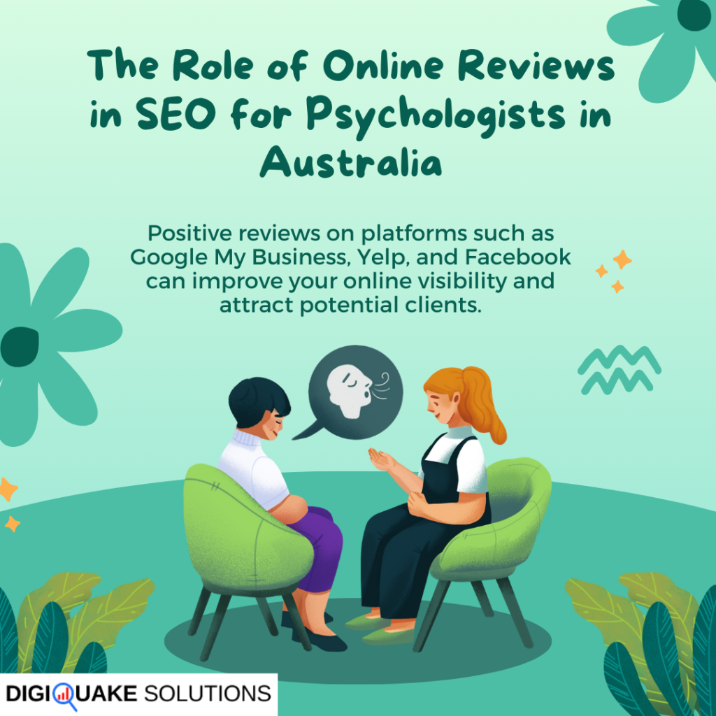 "Two women in a counseling session, discussing online reviews, with the title 'The Role of Online Reviews in SEO for Psychologists in Australia' and the DigiQuake Solutions logo."