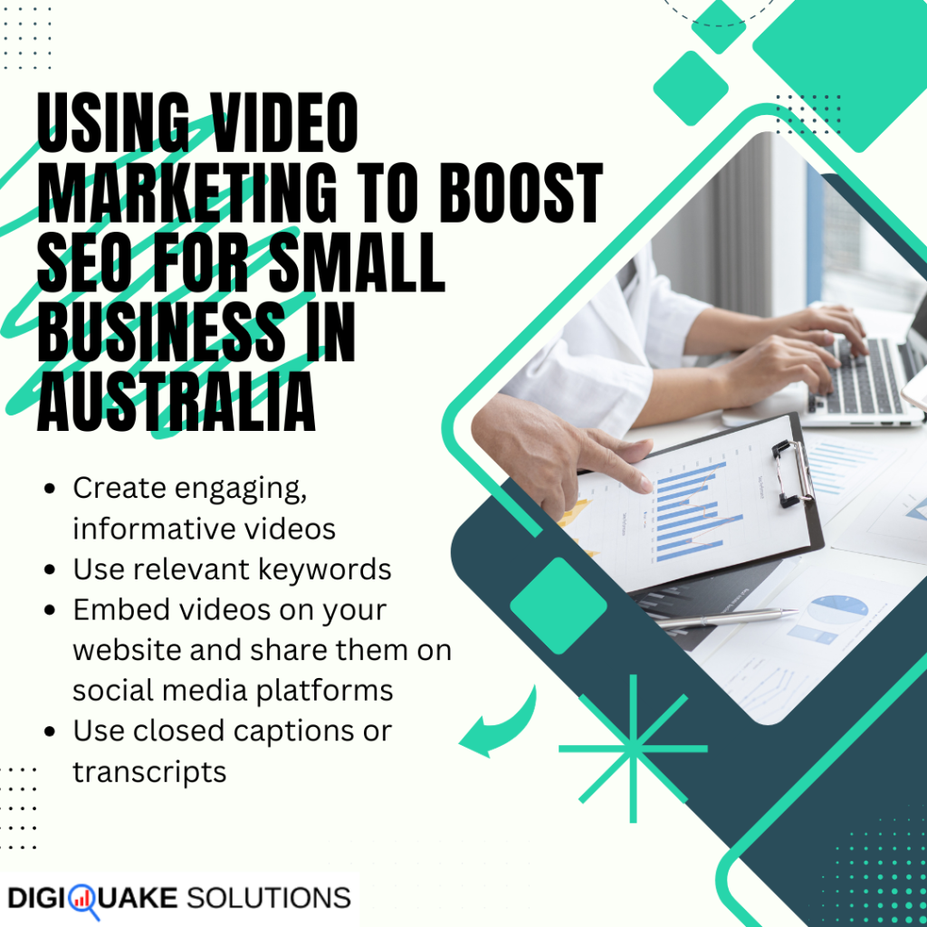 "Using Video Marketing to Boost SEO for Small Business in Australia" poster with a list of video marketing tips. The image shows a person analyzing charts and data on a desk with a laptop and clipboard.