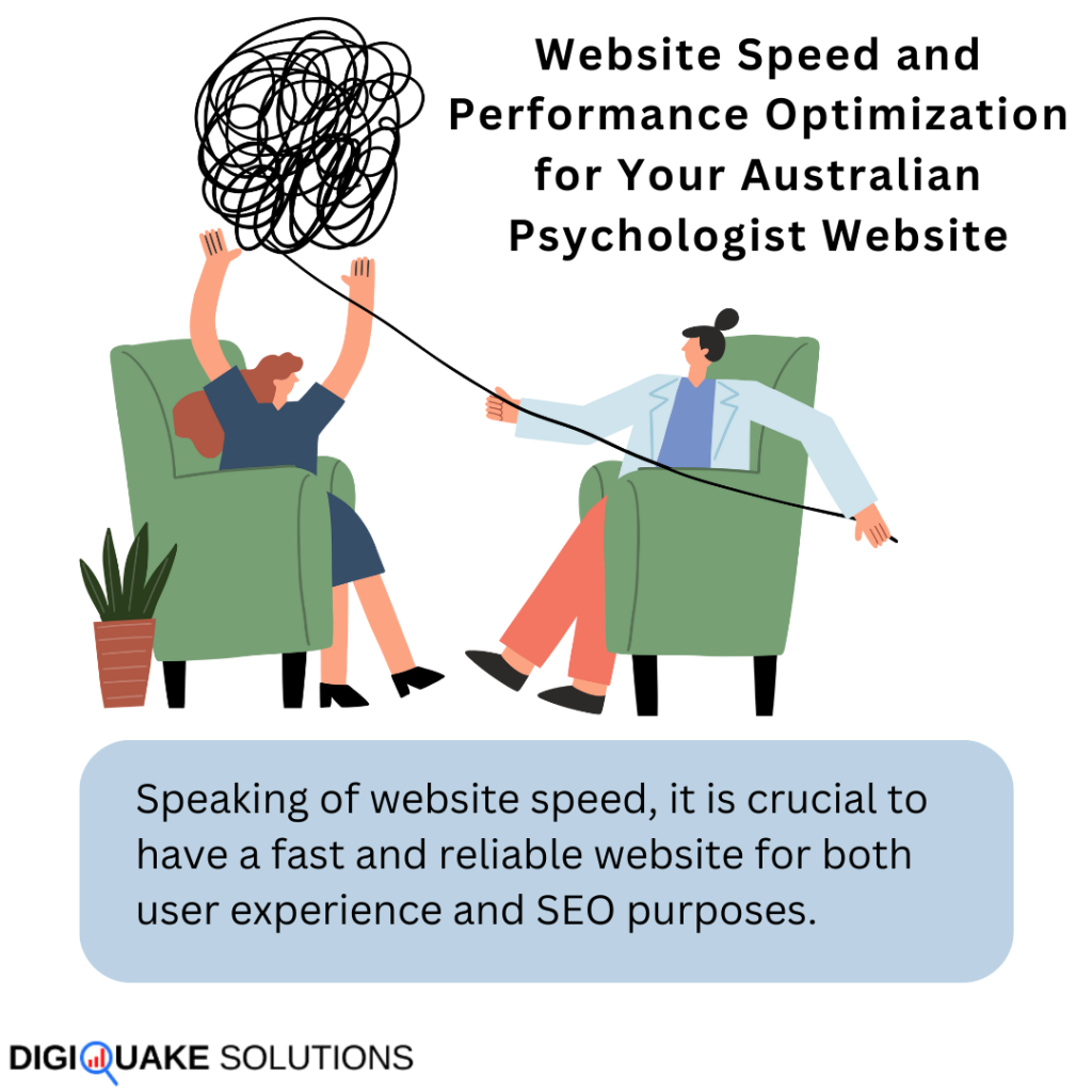 An illustration of a therapist helping a patient untangle a ball of yarn, symbolizing clearing confusion. The text reads, "Website Speed and Performance Optimization for Your Australian Psychologist Website."