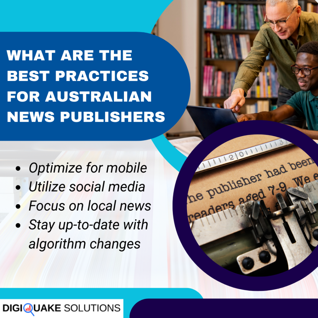 Two men, one older and one younger, collaborate in front of a laptop in a library. The text "What Are the Best Practices for Australian News Publishers" is displayed alongside tips for news publishers.