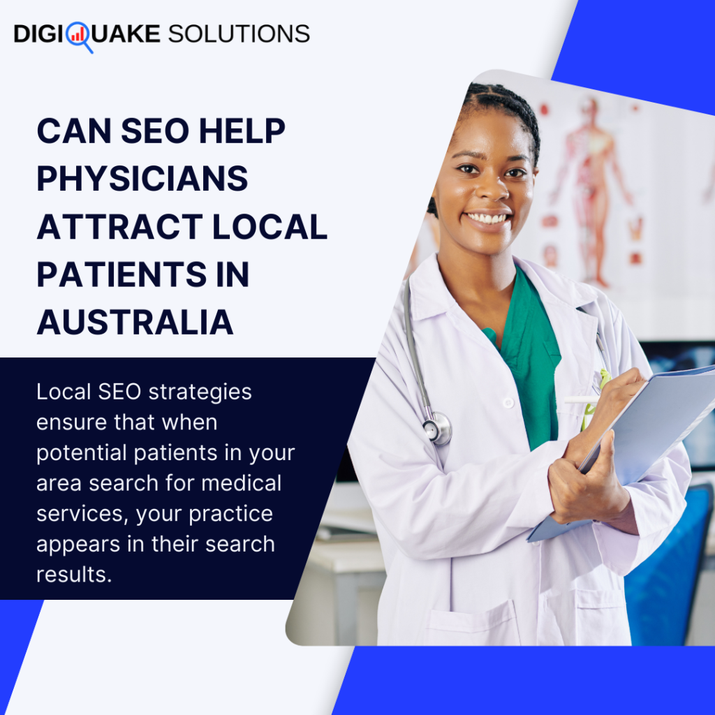 A smiling physician holding a clipboard, representing healthcare SEO strategies. The text on the image reads, "Can SEO Help Physicians Attract Local Patients in Australia?"