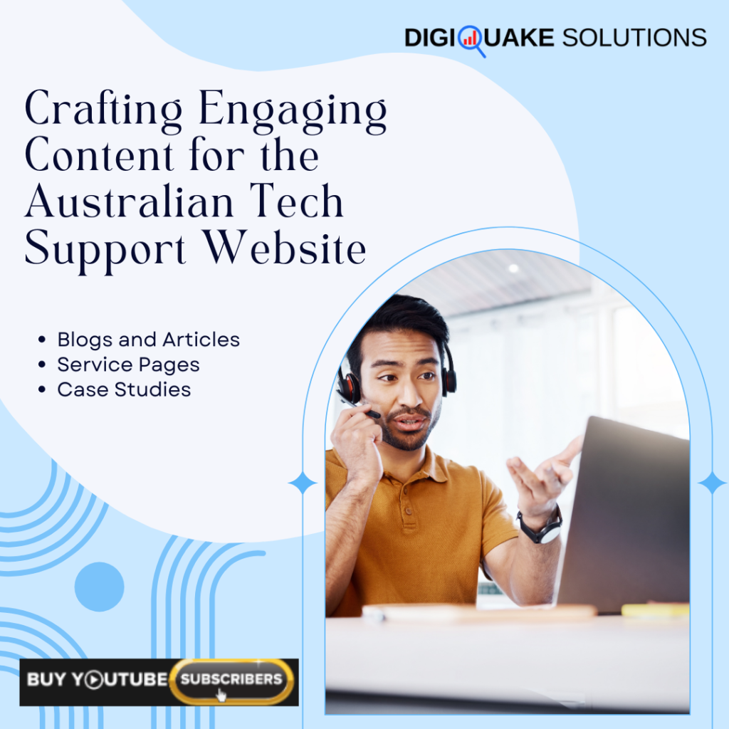 Crafting Engaging Content for the Australian Tech Support Website by DigiQuake Solutions - Blogs, service pages, and case studies to enhance digital engagement.