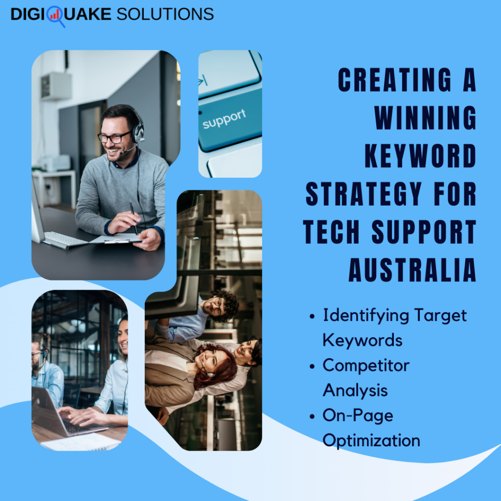 A promotional graphic by DigiQuake Solutions, featuring the title "Creating a Winning Keyword Strategy for Tech Support Australia."